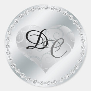 Silver Foil Metallic Heart Monogram Wedding Sticke Classic Round Sticker