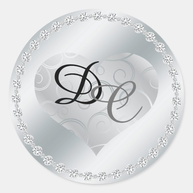 Silver Foil Metallic Heart Monogram Wedding Sticke Classic Round Sticker (Front)