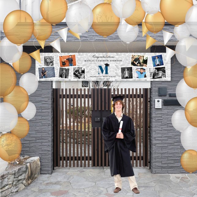 Silver Foil Monogram 10 Photo Graduation Party Banner (Silver Faux Foil Name Monogram 10 Photo Chic Graduation Party Banner @ www.zazzle.com/color_therapy)