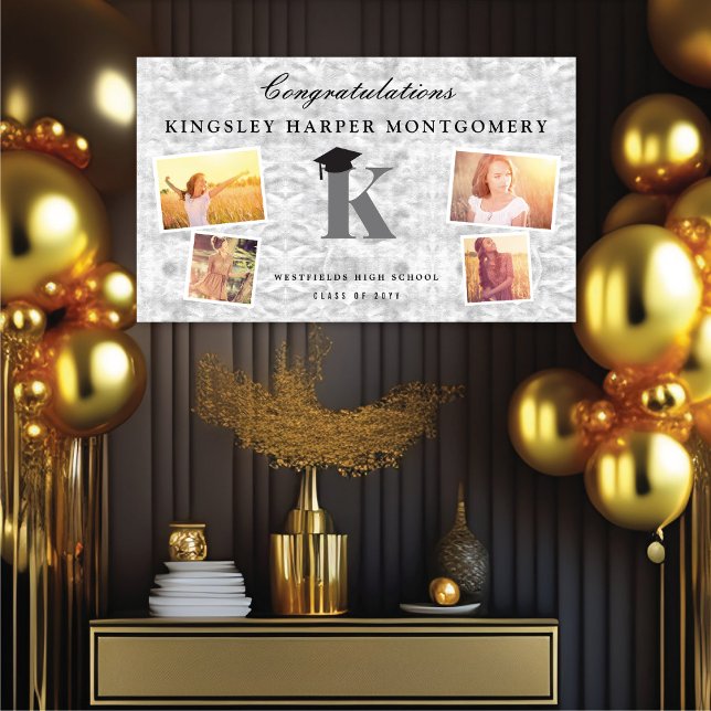 Silver Foil Monogram 4 Photo Stylish Grad Party Banner (Silver Faux Foil Name Monogram 4 Photo Chic Graduation Party Banner @ www.zazzle.com/color_therapy)