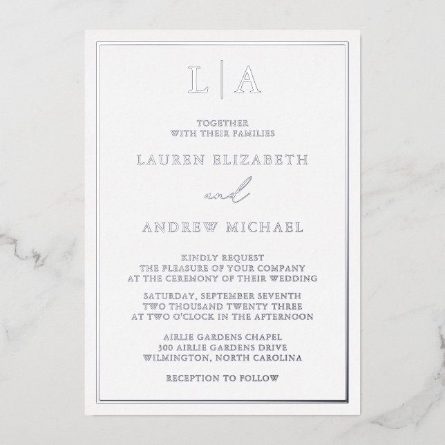 Silver Foil Monogram Border Minimalist Wedding (Front)