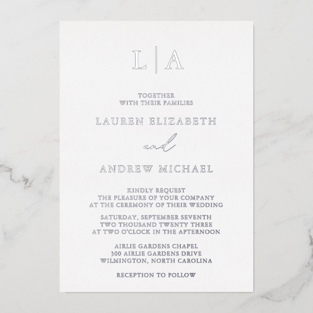 Silver Foil Monogram Initial Minimalist Wedding (Front)