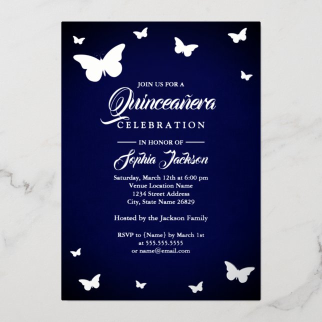 SILVER FOIL Navy Butterfly Quinceanera (Front)