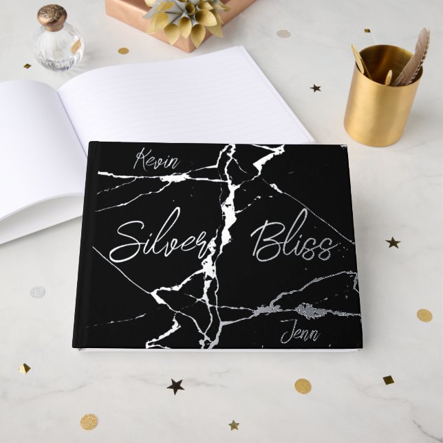 Silver Foil on Black 25th Wedding Anniversary | Guest Book (Front Open)