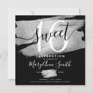 Silver Foil Paint Sweet 16th Birthday Black  Invitation