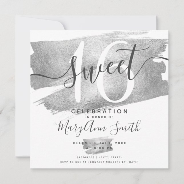 Silver Foil Paint Sweet 16th Birthday  Invitation (Front)