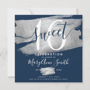 Silver Foil Paint Sweet 16th Birthday Navy Invitation