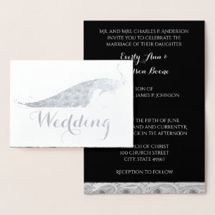 Silver Foil Peacock Typography Wedding Invitations