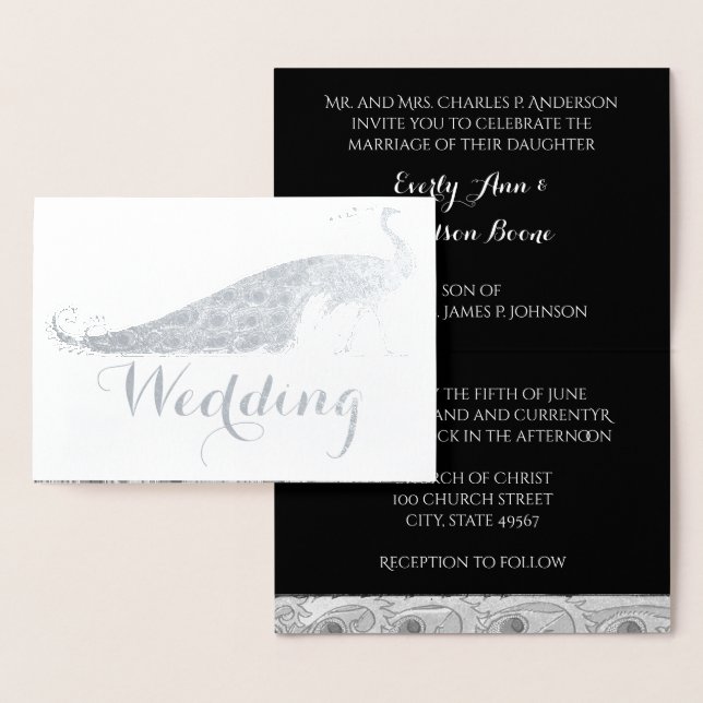 Silver Foil Peacock Typography Wedding Invitations (Display)