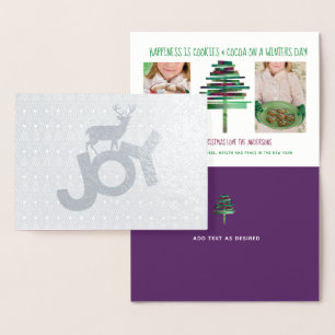 Silver Foil Photo Christmas Stag Card Purple Green