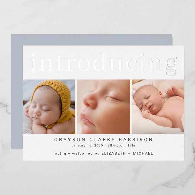 Silver Foil Photo Collage Birth Announcement (Front/Back)
