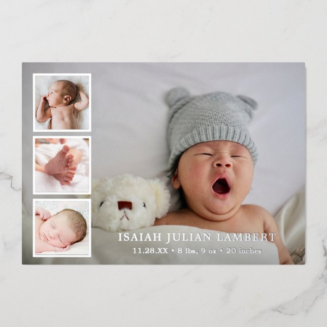 Silver Foil Photo Collage Boy Birth Announcement (Front)