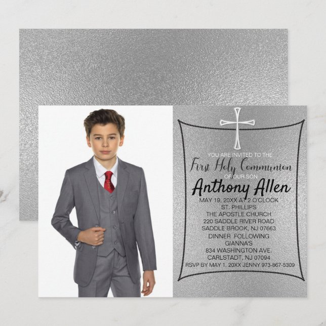 Silver Foil Photo First Holy Communion Invitation (Front/Back)