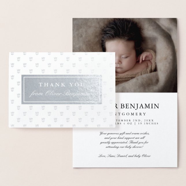 Silver Foil Prince Crowns Baby Shower Thank You Foil Card (Display)