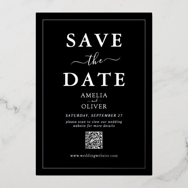 Silver Foil QR Code black Wedding Save the Date (Front)
