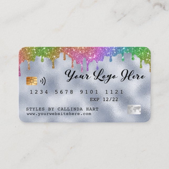 Silver Foil Rainbow Glitter Drip Loyalty VIP  Business Card (Front)
