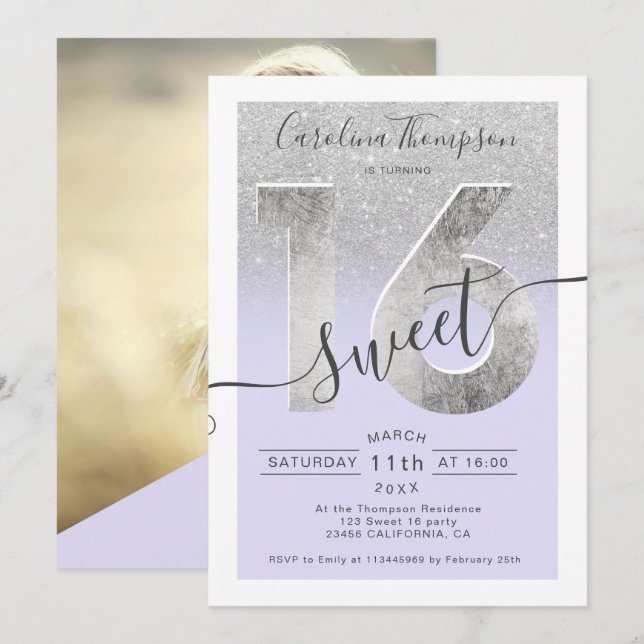 Silver foil script glitter purple Sweet 16 photo Invitation (Front/Back)