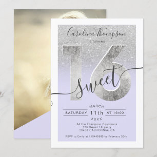 Silver foil script glitter purple Sweet 16 photo Invitation