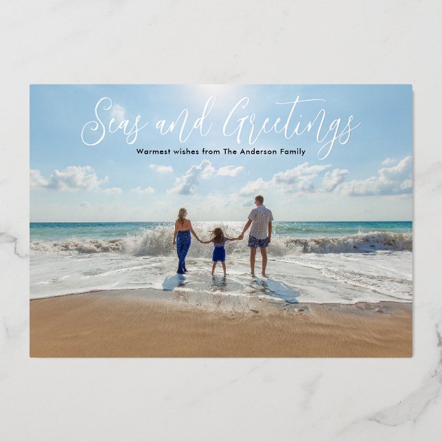 Silver foil Seas and Greetings Beach Christmas Foi Foil Holiday Card (Front)