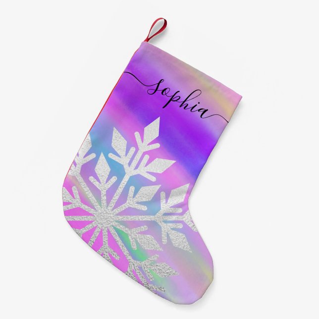 Silver Foil Snowflake Custom Script Name Unicorn Small Christmas Stocking (Front (Hanging))