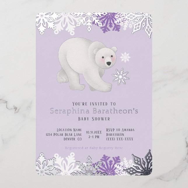 Silver Foil Snowflake Polar Purple Baby Shower (Front)