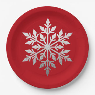 Silver Foil Snowflake Solid Red Christmas Party Paper Plate