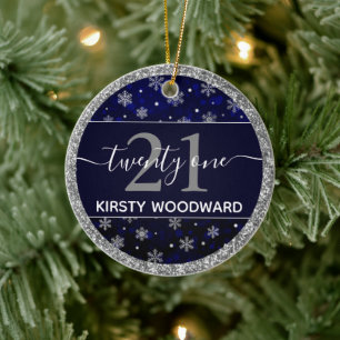 Silver Foil Snowflakes & blue bokeh 21st Birthday Ceramic Tree Decoration
