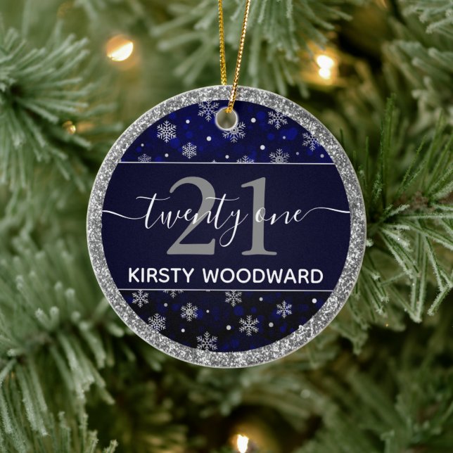 Silver Foil Snowflakes & blue bokeh 21st Birthday Ceramic Tree Decoration (Tree)