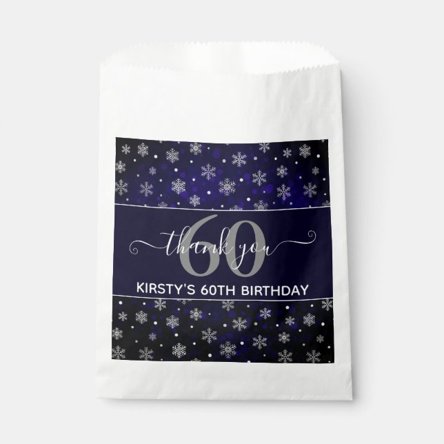 Silver Foil Snowflakes & blue bokeh 60th Birthday Favour Bags (Front)