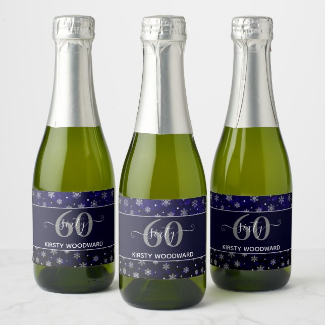 Silver Foil Snowflakes & blue bokeh 60th Birthday Sparkling Wine Label (Bottles)