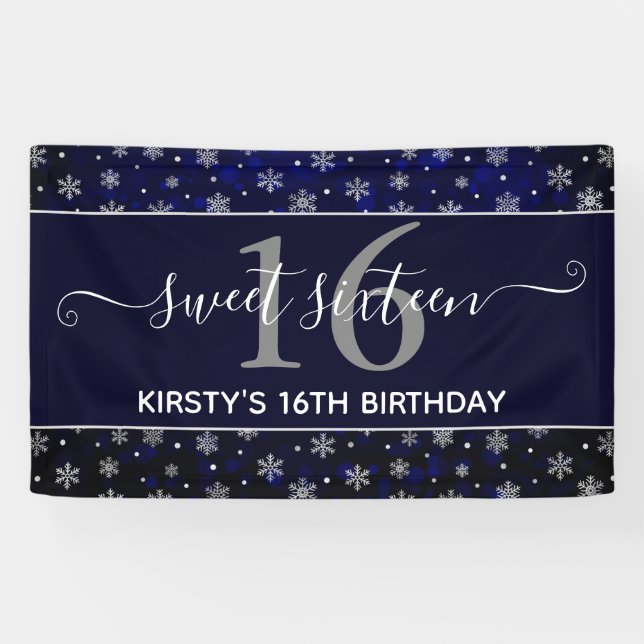 Silver Foil Snowflakes & blue bokeh Sweet 16 Banner (Horizontal)