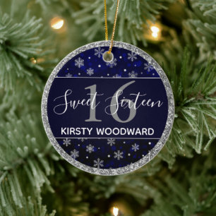 Silver Foil Snowflakes & blue bokeh Sweet 16 Ceramic Tree Decoration