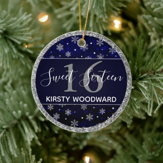 Silver Foil Snowflakes & blue bokeh Sweet 16 Ceramic Tree Decoration (Tree)