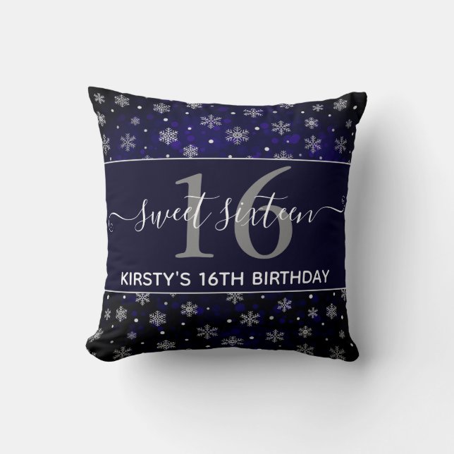 Silver Foil Snowflakes & blue bokeh Sweet 16 Cushion (Front)