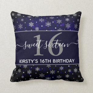 Silver Foil Snowflakes & blue bokeh Sweet 16 Cushion