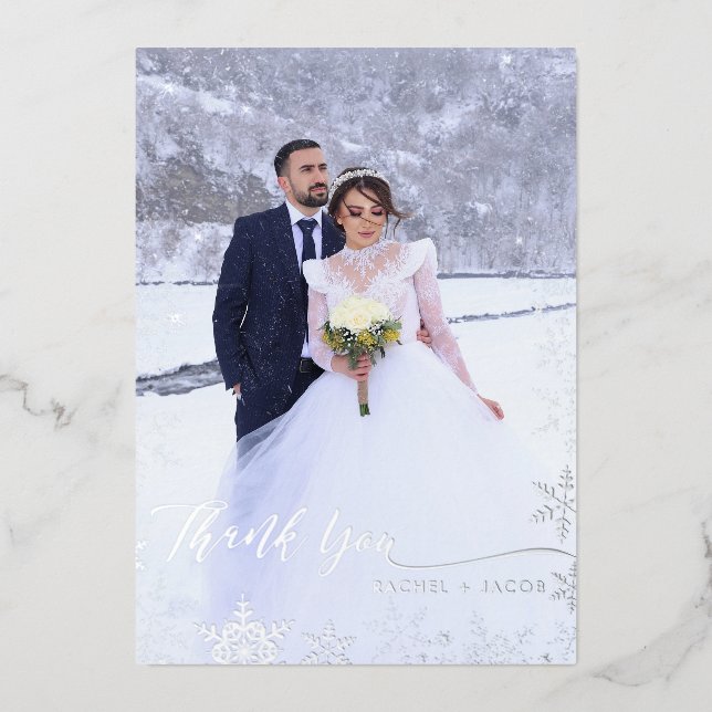 Silver Foil Snowflakes Wedding Thank You Card (Front)
