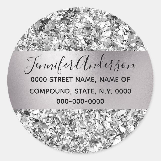 Silver foil sparkle aluminium shimmer shine classic round sticker (Front)