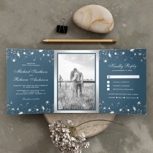Silver Foil Stars Confetti Dusty Blue Wedding Tri-Fold Invitation