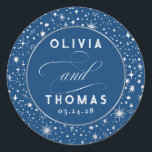 Silver Foil Stars Mystical Celestial Wedding Classic Round Sticker<br><div class="desc">Starry night celestial wedding navy blue stickers</div>