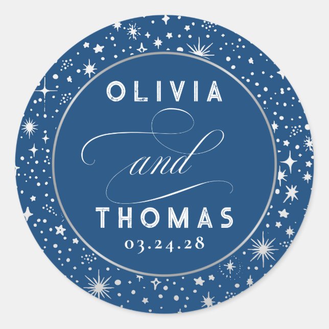Silver Foil Stars Mystical Celestial Wedding Classic Round Sticker (Front)