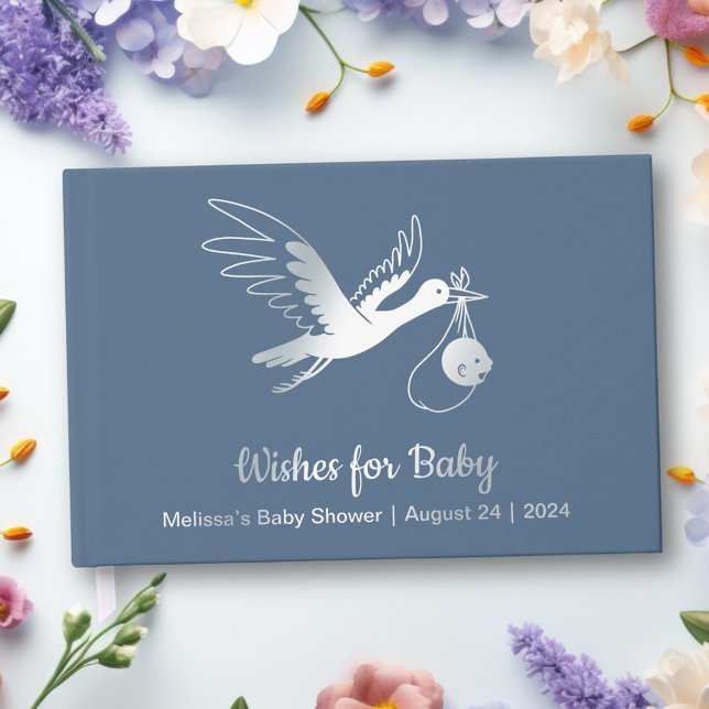 Silver Foil Stork on Blue Baby Shower Guest Book (Creator Uploaded)