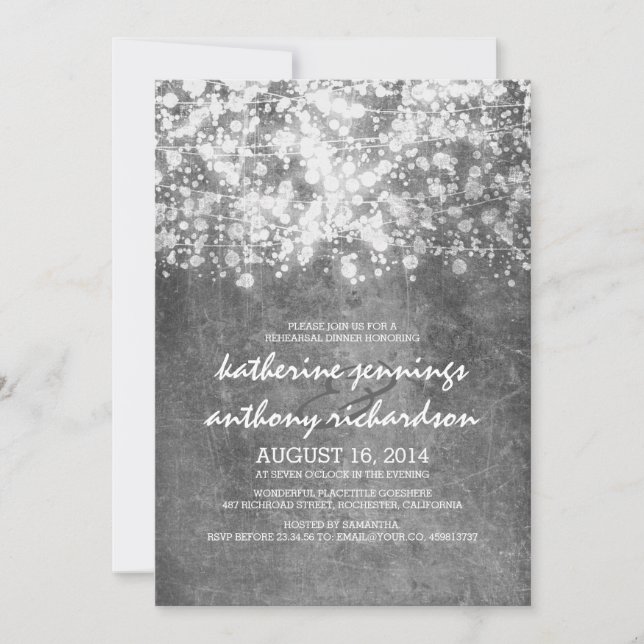 silver foil string lights glitter rehearsal dinner invitation (Front)