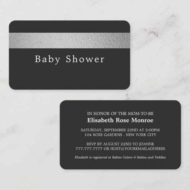 Silver Foil Stripe, Charcoal Baby Shower Ticket (Front/Back)