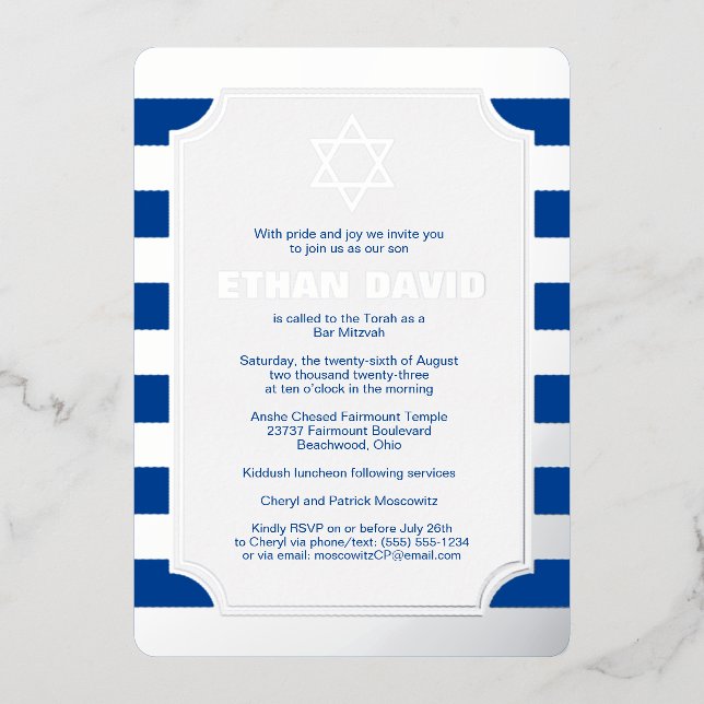 Silver Foil Striped Bar Mitzvah Invite with Star (Front)