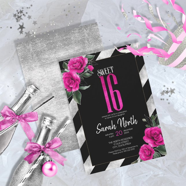 Silver Foil Stripes Floral Hot Pink ID759 Invitation (Creator Uploaded)