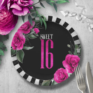 Silver Foil Stripes Floral Sweet 16 Hot Pink ID757 Paper Plate
