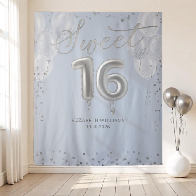 Silver Foil Sweet 16 Balloons Blue Backdrop Tapestry (Creator Uploaded)
