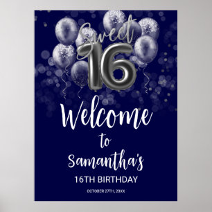 Silver Foil Sweet 16 Balloons Blue Welcome Sign