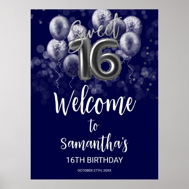 Silver Foil Sweet 16 Balloons Blue Welcome Sign (Front)