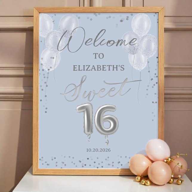 Silver Foil Sweet 16 Balloons Blue Welcome Sign (Creator Uploaded)